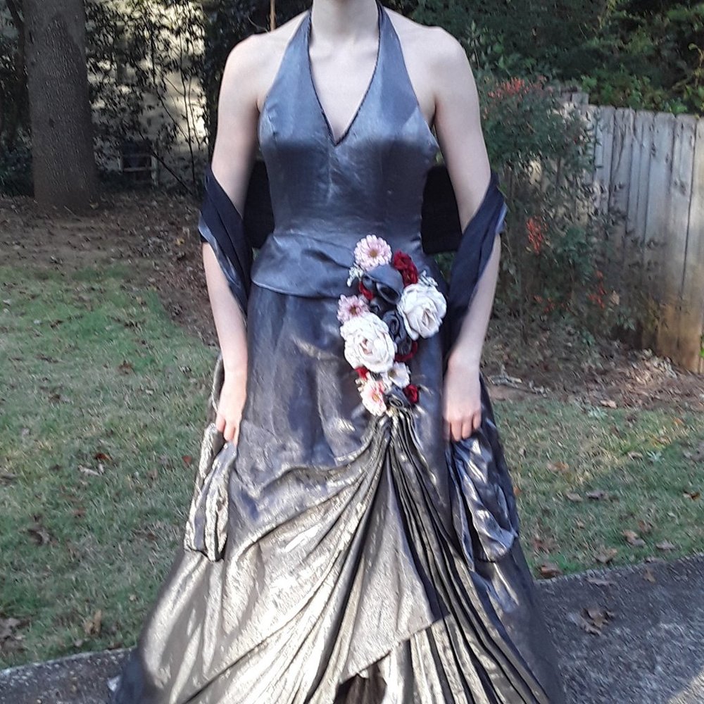 Pewter grey dress with faux  flowers, formal gown
